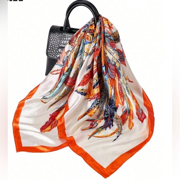 ✨NEW Tropical Feather Print silk like Scarf - Picture 4 of 7